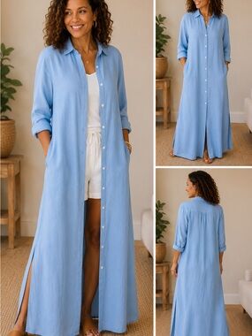 Loft Linenblend Maxi Shirt Duster Dress Pockets Prariecore Cottagecore Boho XL
